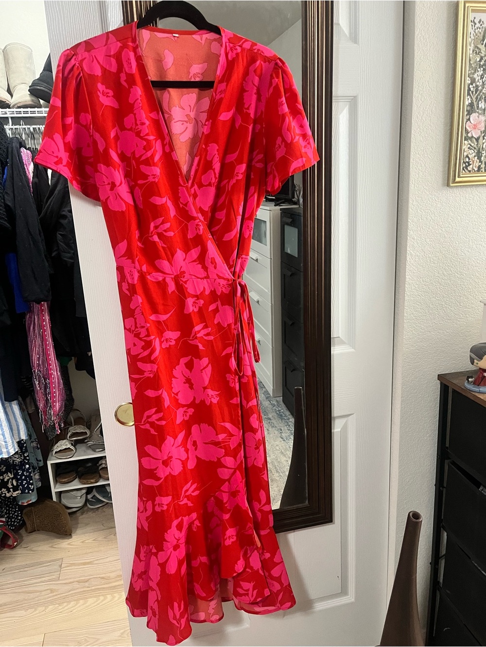 Red/pink floral wrap dress